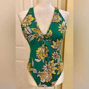 BECCA Green and Yellow Floral One Piece Swimsuit, Size M, new w/o tags